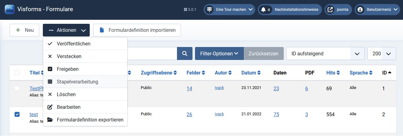 Aktion 'Stapelverarbeitung' wählen