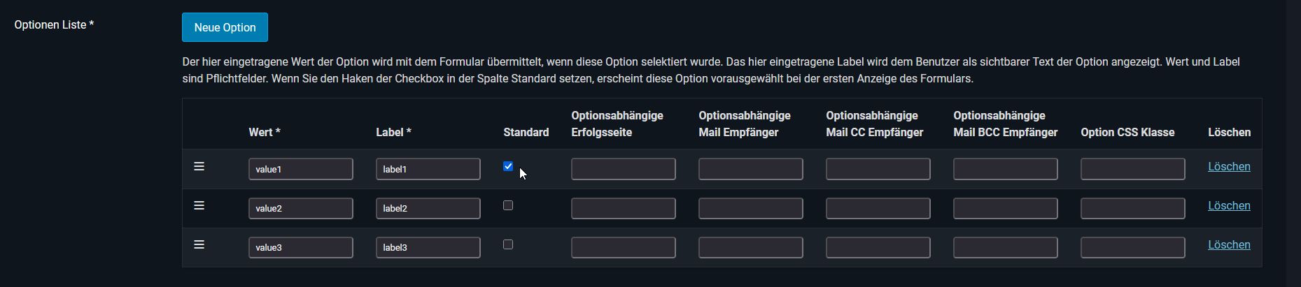 Optionen werden in der Feld-Konfiguration in der Optionen-Liste angelegt