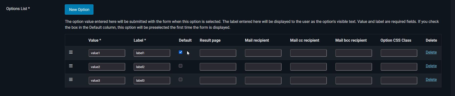 Options are created in the field configuration in the options list