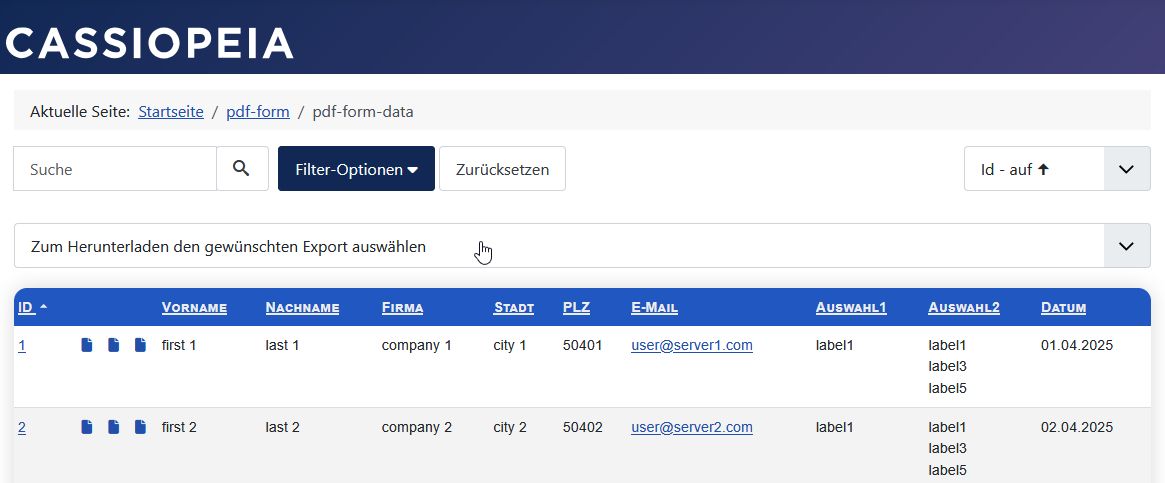 Optionen in der Listbox 'Zum Herunterladen den gewünschten Export auswählen'