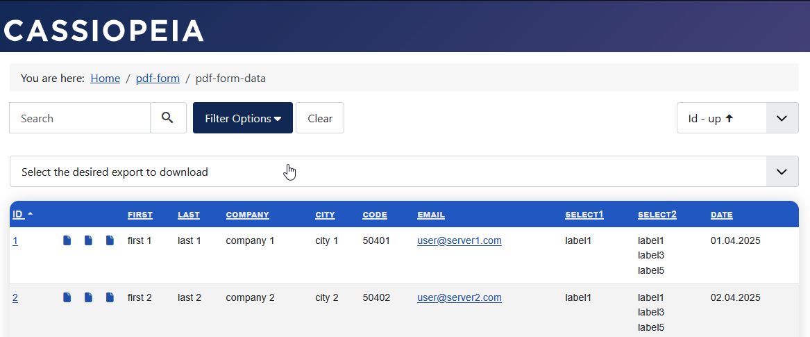 Options in the 'Select the desired export to download' listbox