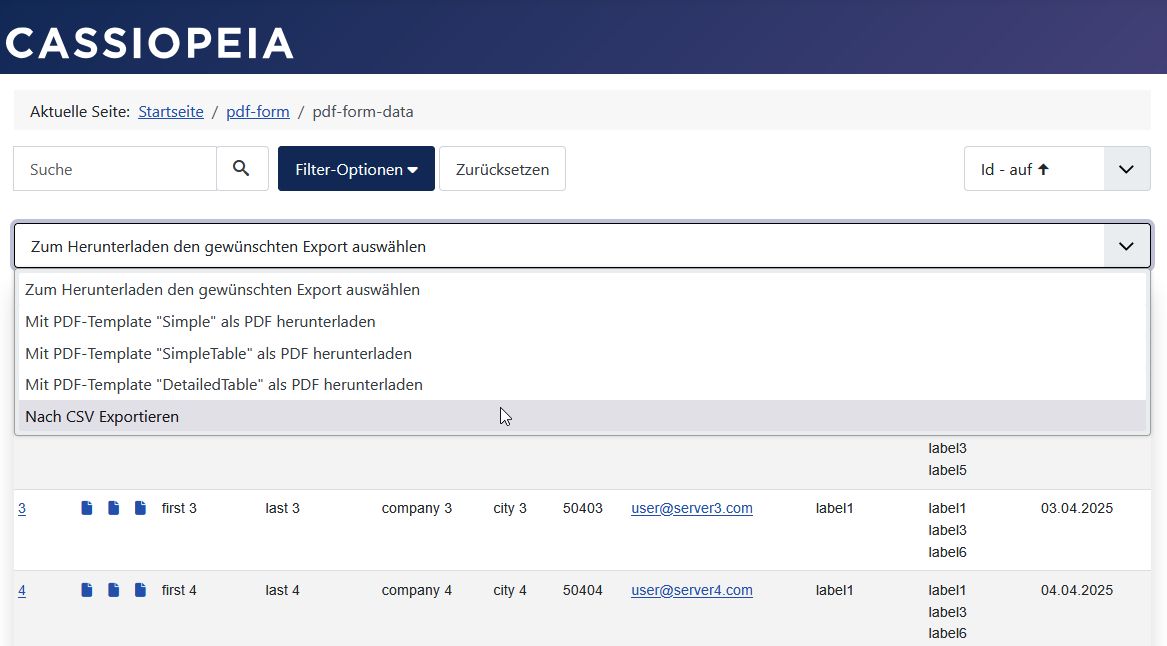 PDF Export und CSV Export starten unmittelbar, nachdem die gewünschte Export-Option in der Export-Listbox ausgewählt wird.