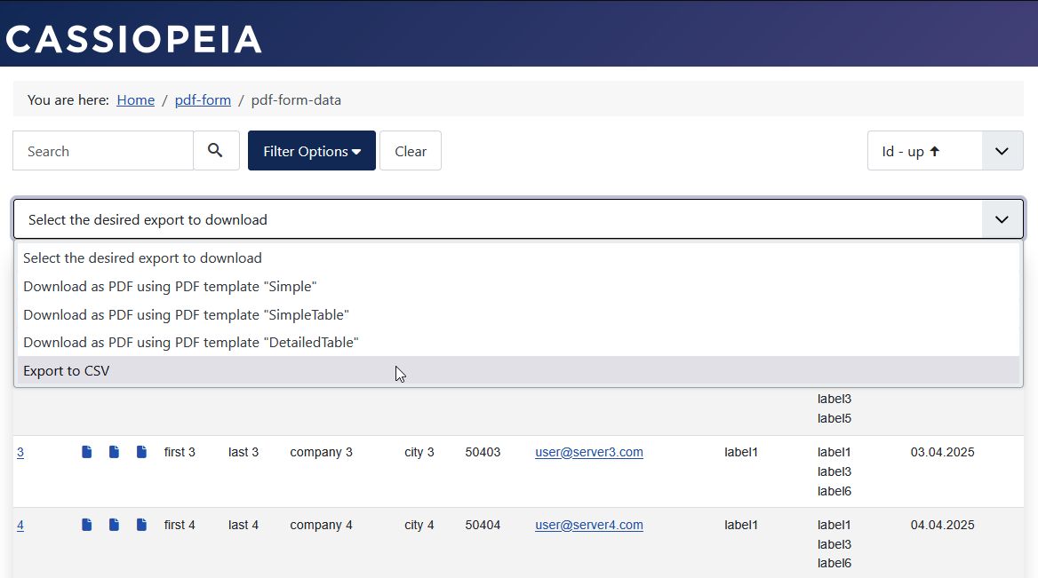 PDF export and CSV export start immediately after the desired export option is selected in the export listbox.