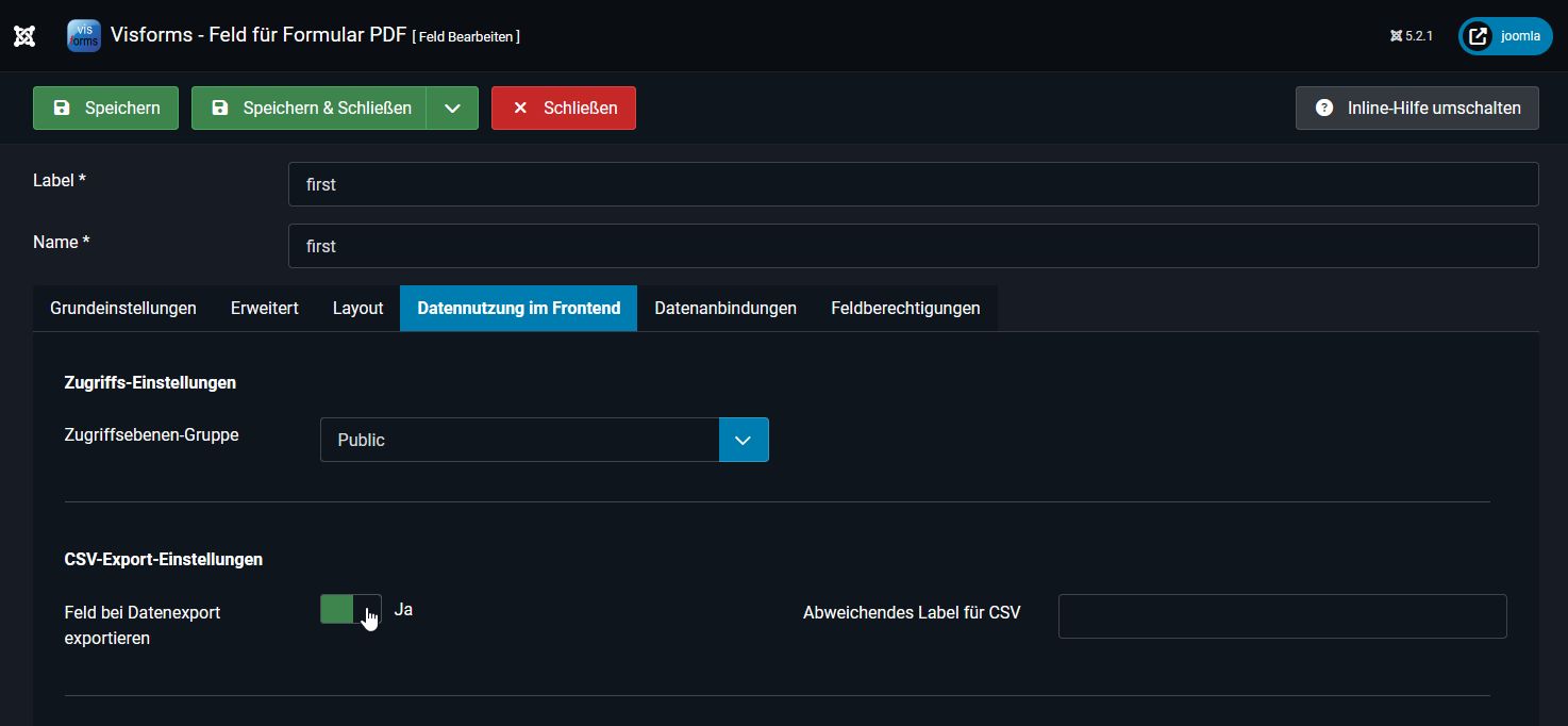 Feld-Konfiguration >> Reiter 'Datennutzung im Frontend'