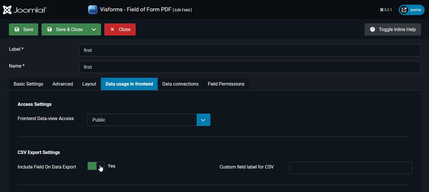Field Configuration >> 'Data Usage in the Frontend' tab