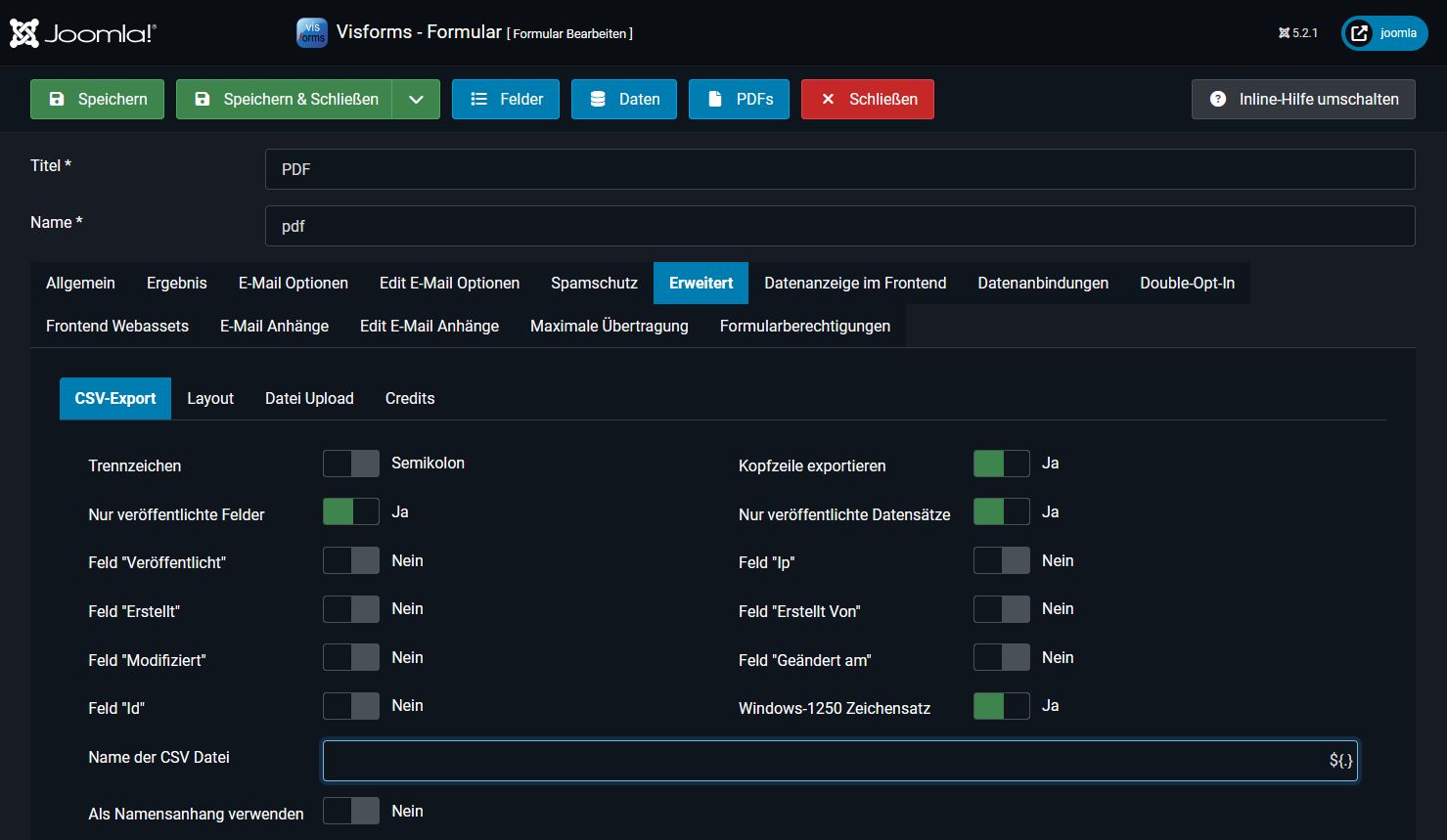 Formular-Konfiguration >> Reiter 'Erweitert'