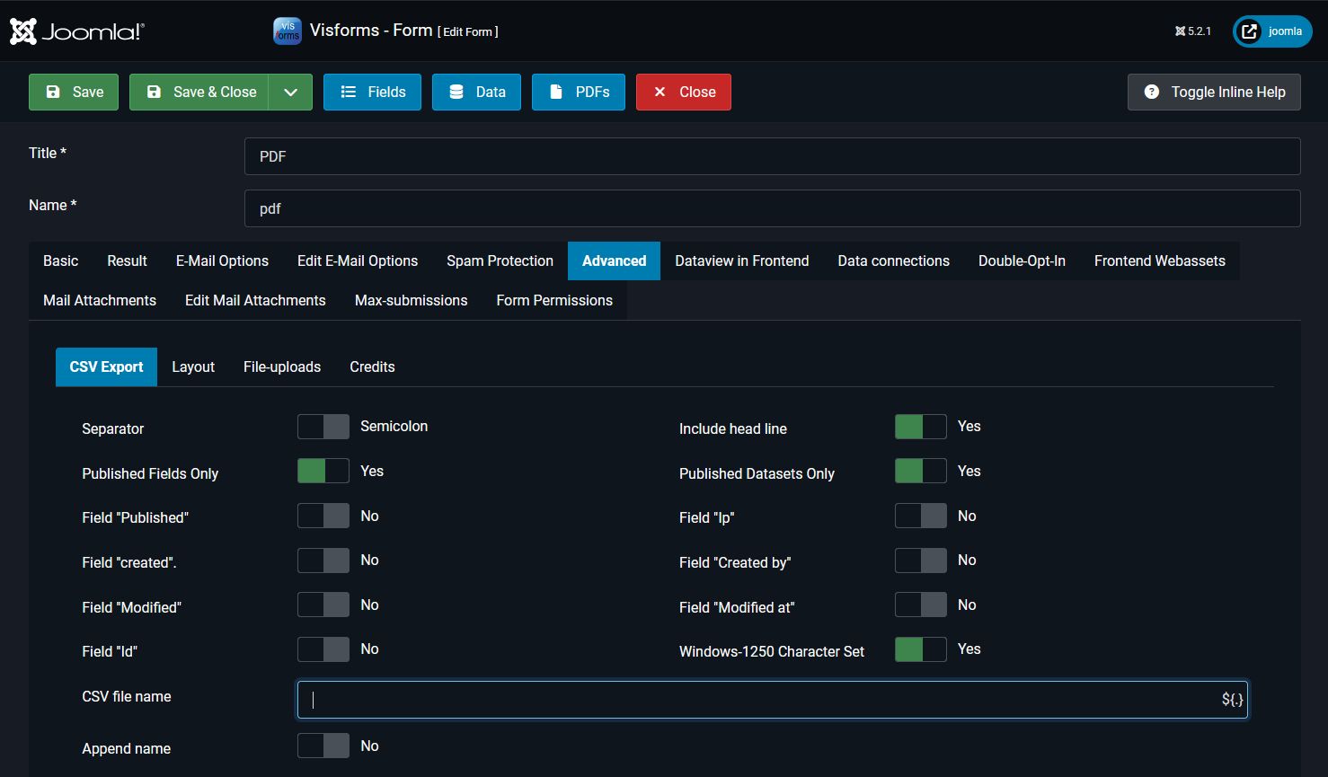 Form Configuration >> 'Advanced' Tab