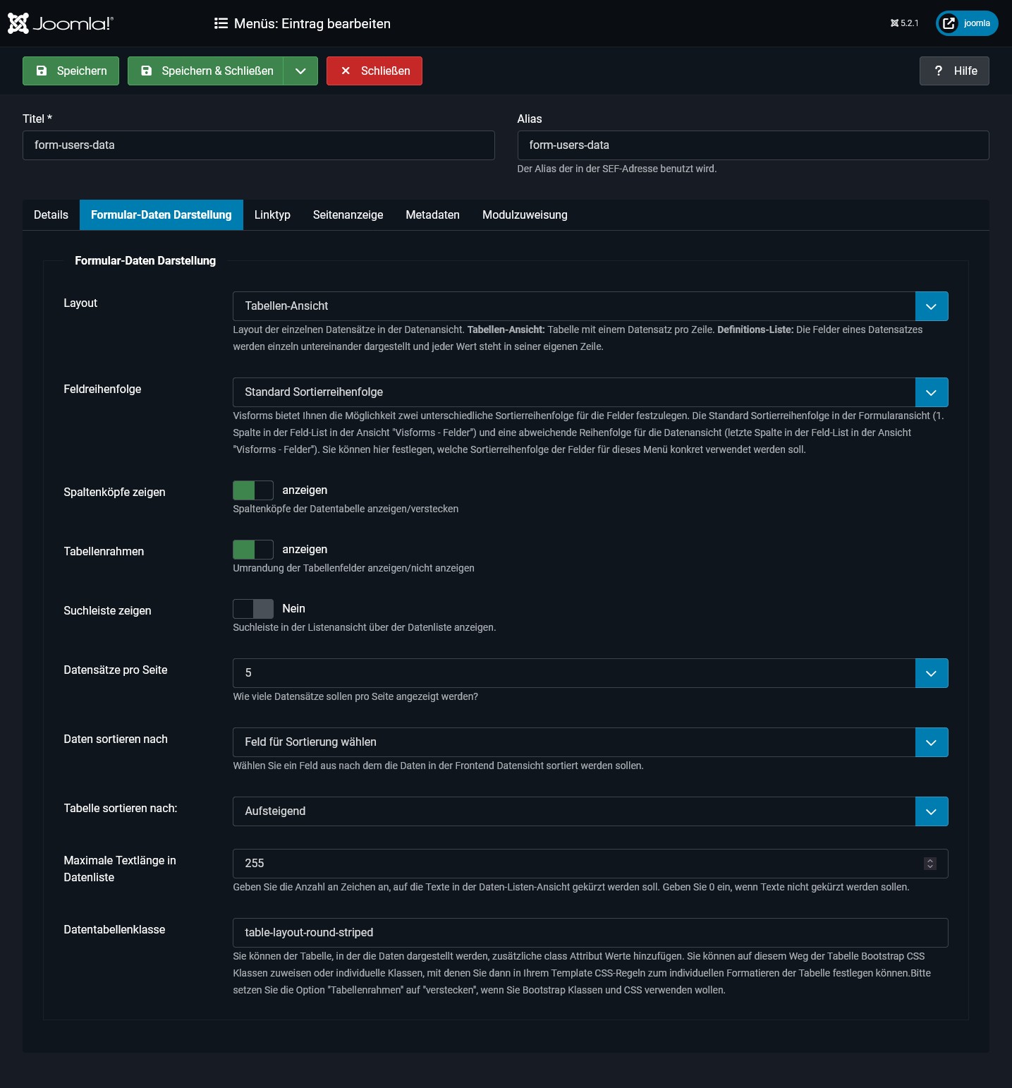 Konfiguration der Datenanzeige im Frontend