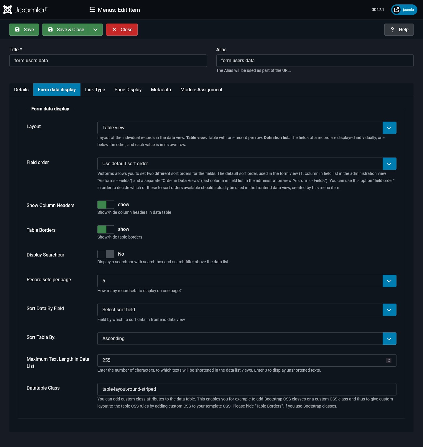 Configuration of the data display in the frontend