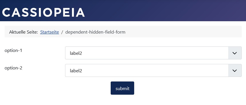 Passend zu der Auswahl in Listbox-Feld 'option-2' wird ein im Formular nicht angezeigter Text in die Formular-Daten übernommen.