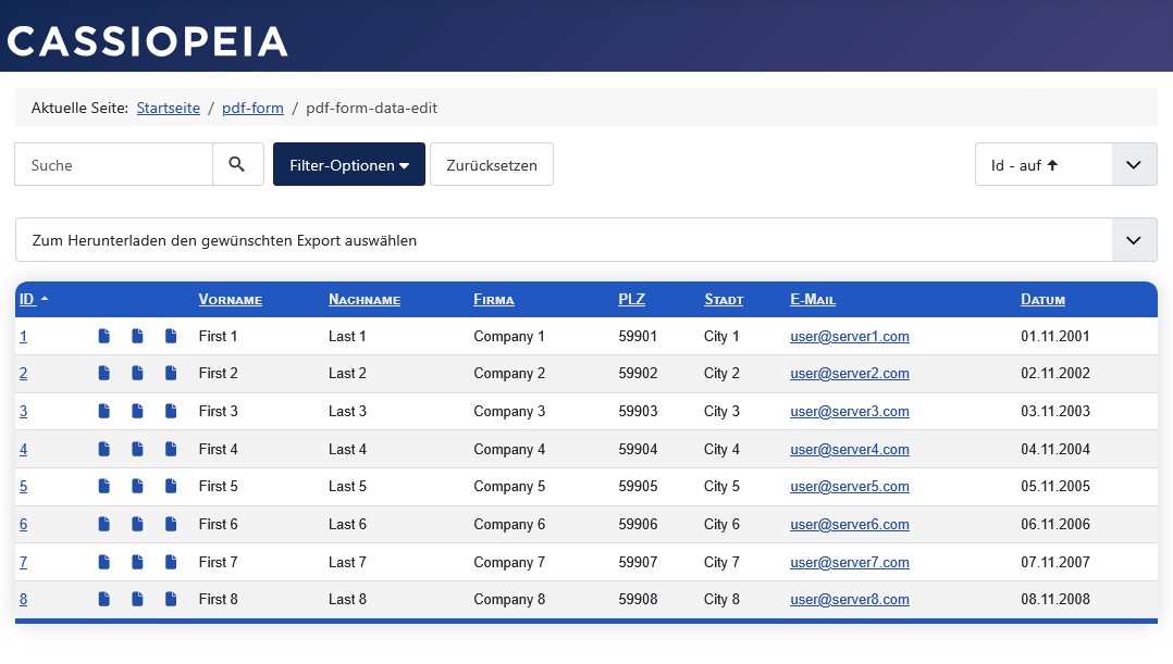 Datenansicht im Frontend: Zugriffsrecht PDF-Export aller Daten.