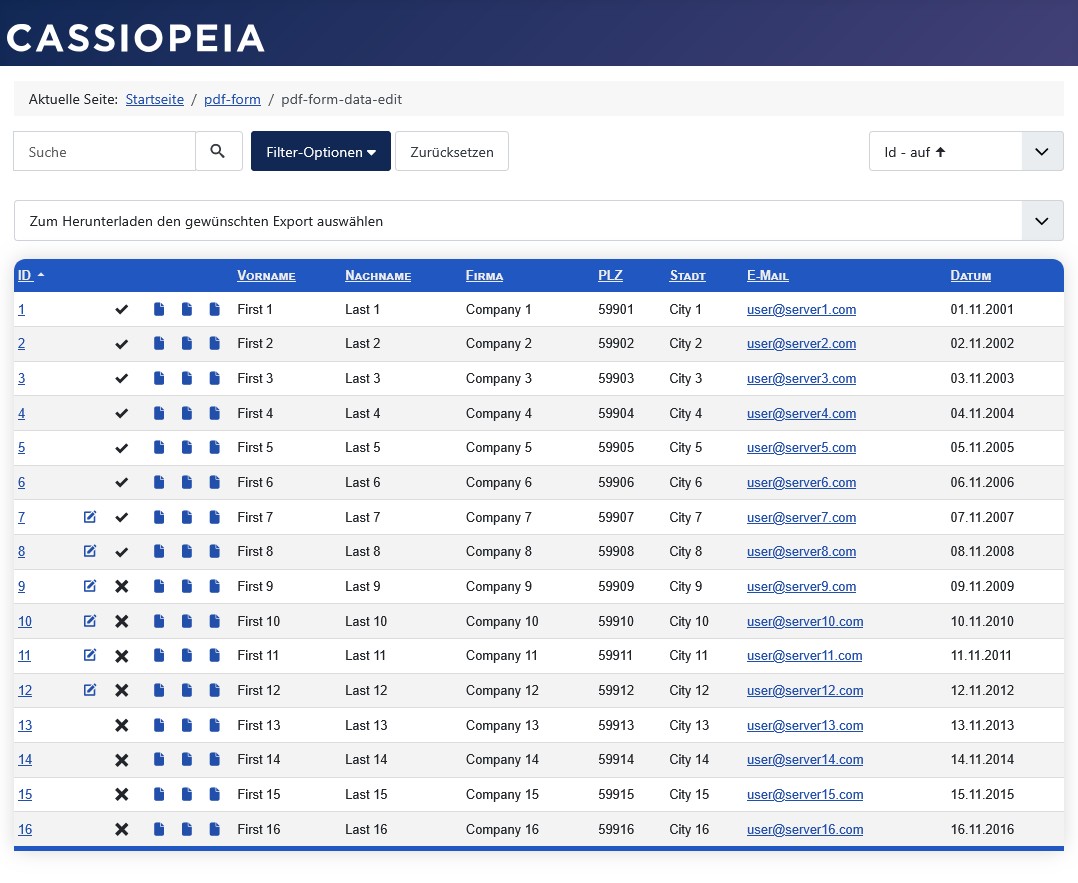 Datenansicht im Frontend: Alle Datensätze und Zugriffsrecht eigene Daten editieren.