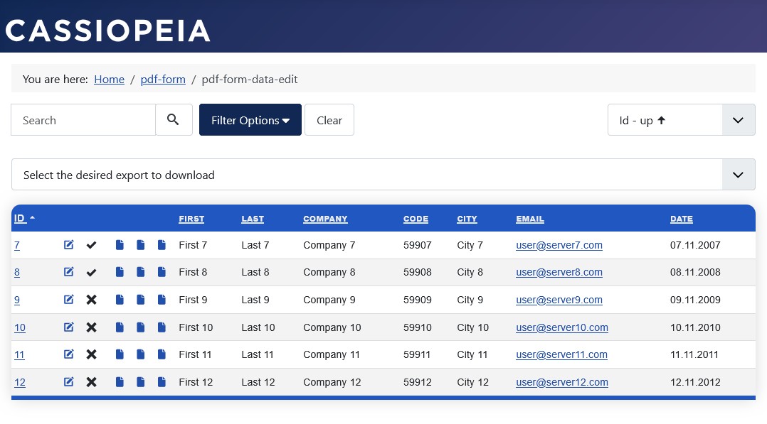 Data view in the frontend: Only editable records and access to edit your own data.