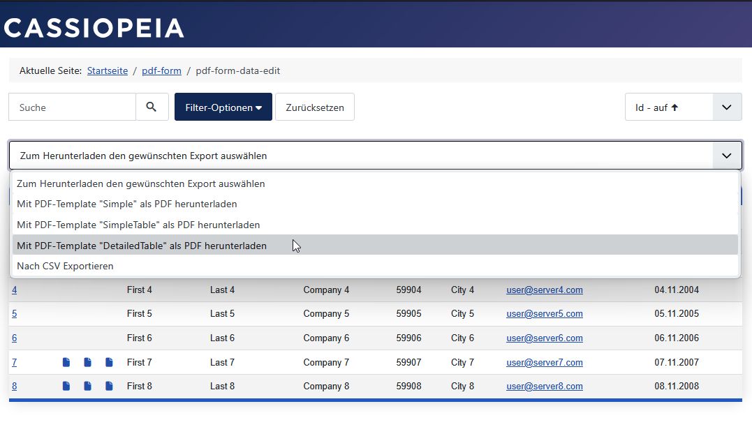 Datenansicht im Frontend: Zugriffsrecht PDF-Export eigener Daten in der Export-Listbox.