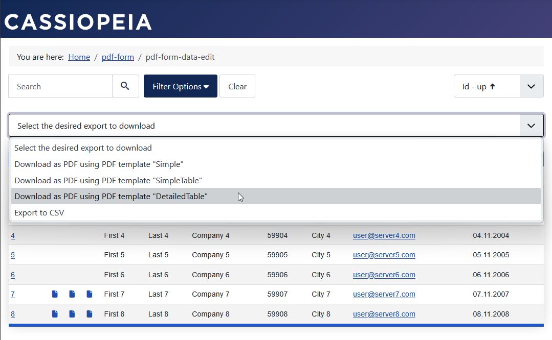 Data view in the frontend: Access right to PDF export your own data in the export listbox.