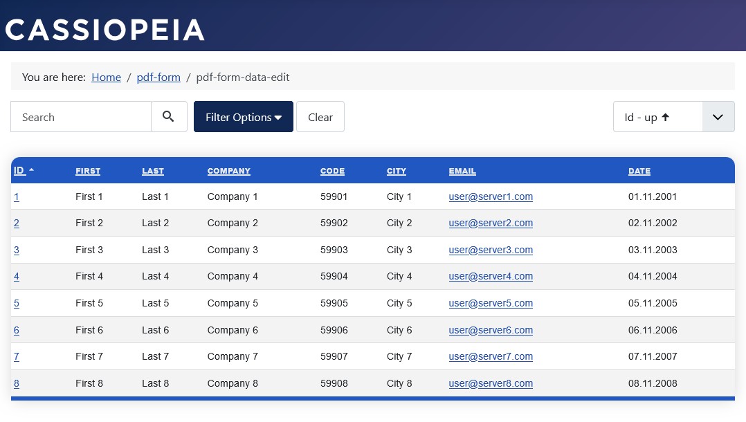 Data view in the frontend: All records and no data editing rights.