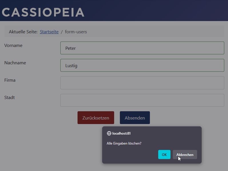Zurücksetzen-Button mit Abfrage