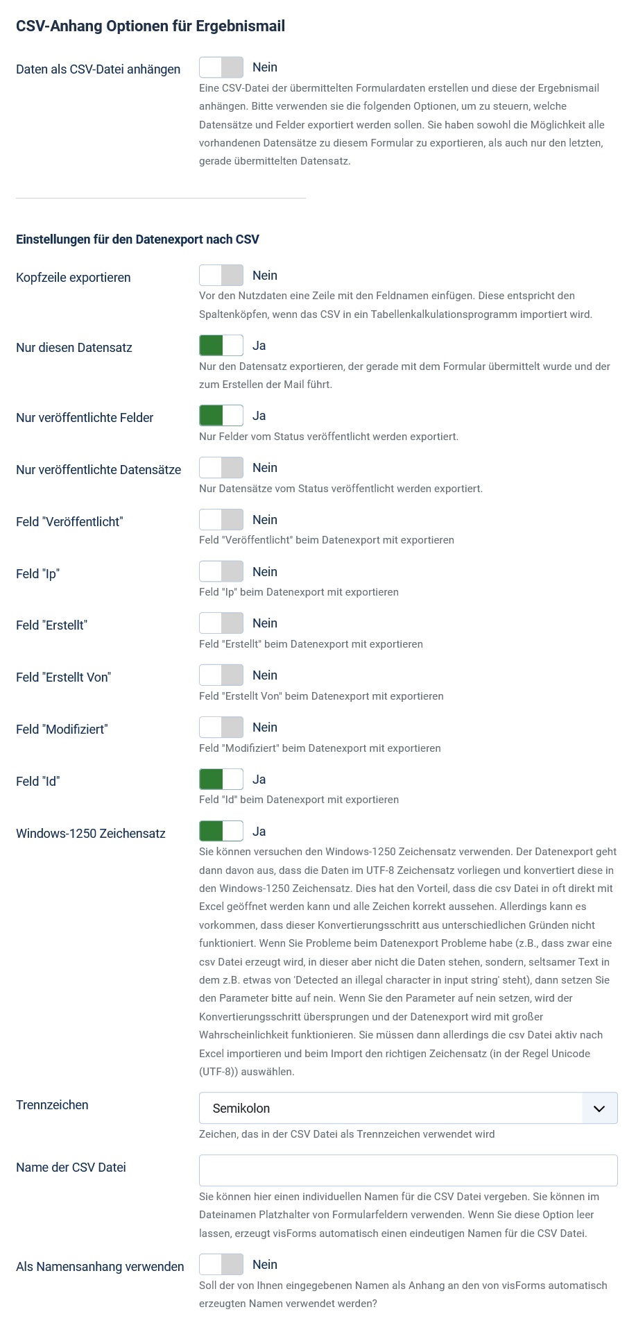 CSV Attachment Options