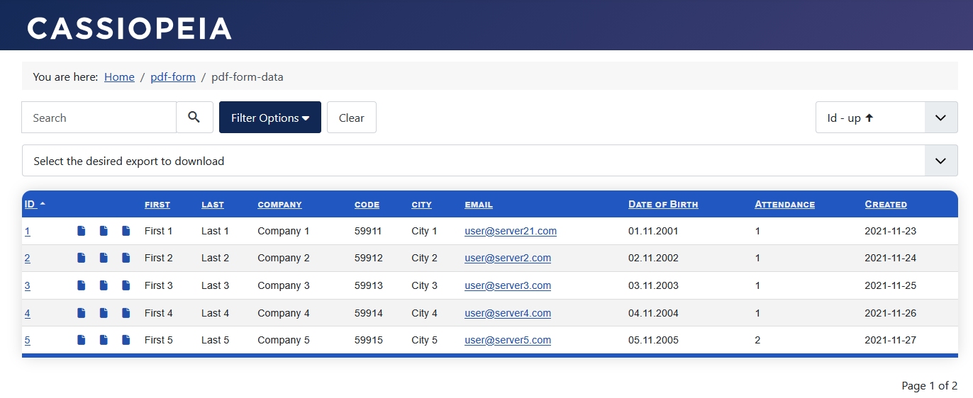 Display of form data with the search bar shown