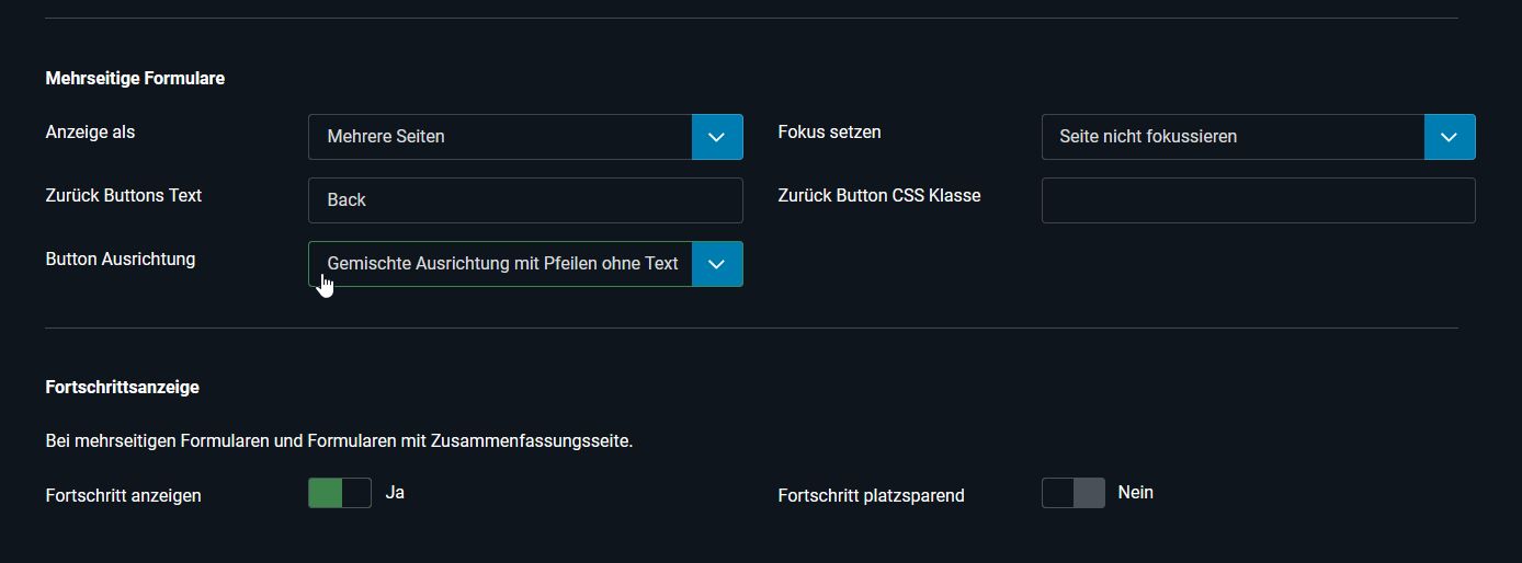 Formular Optionen für mehrseitige Formulare