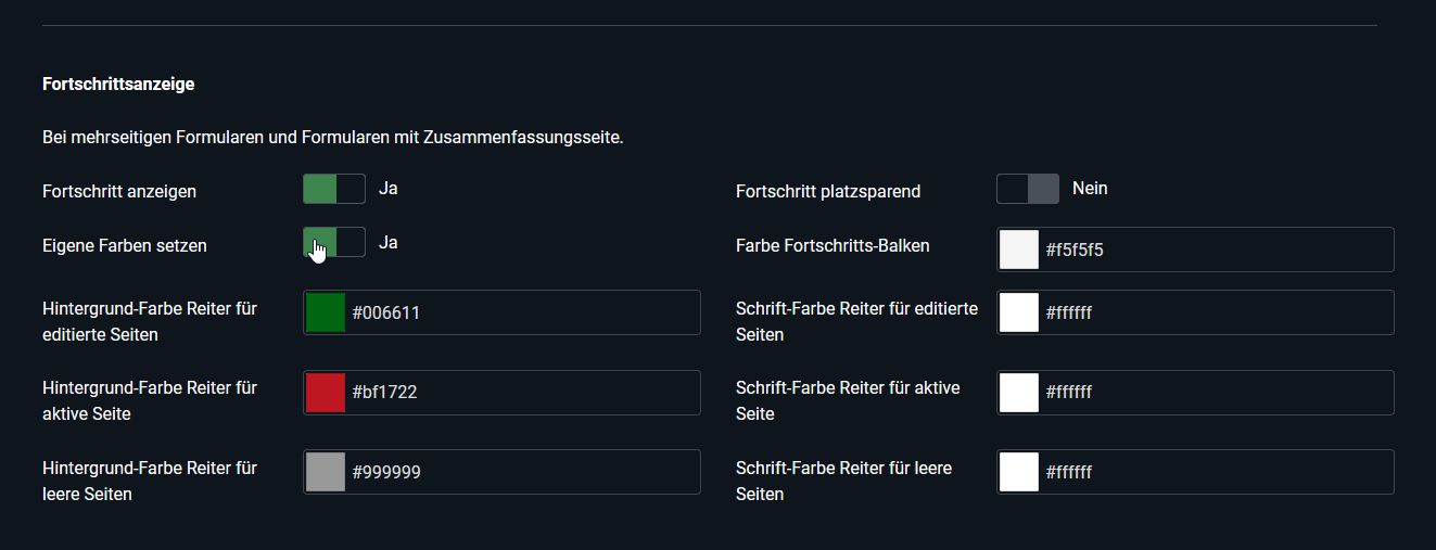 Formular-Konfiguration der Fortschrittsanzeige mit Default-Farben