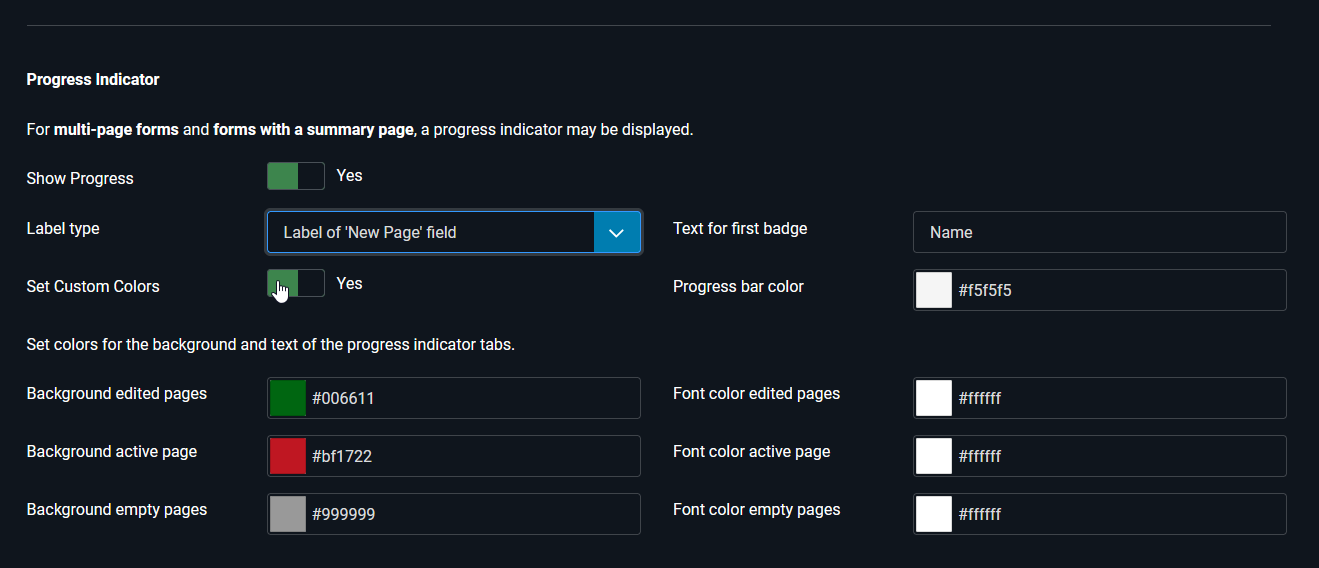 Form configuration for the progress indicator with default colors
