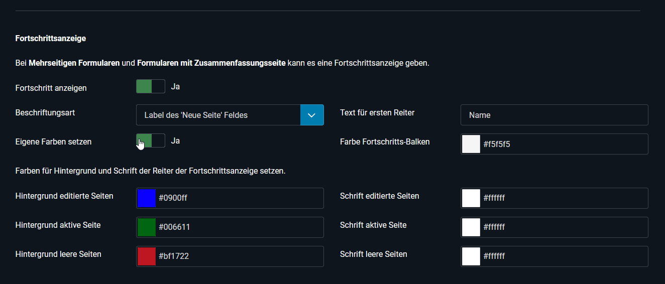 Formular-Konfiguration der Fortschrittsanzeige mit individuellen Farben