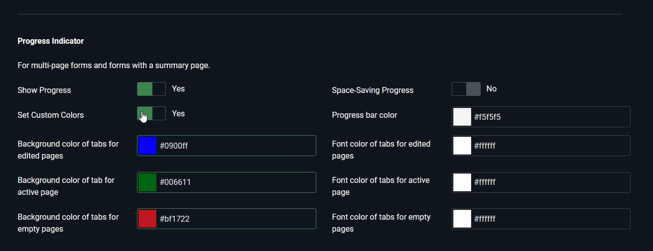 Form progress bar configuration with custom colors