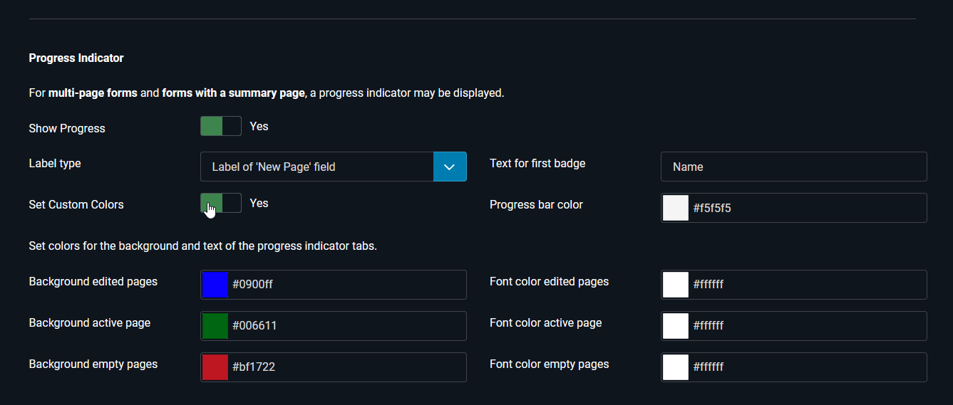 Form configuration for the progress indicator with custom colors