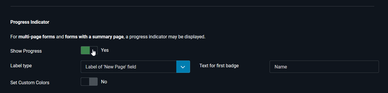 Form configuration with progress indicator