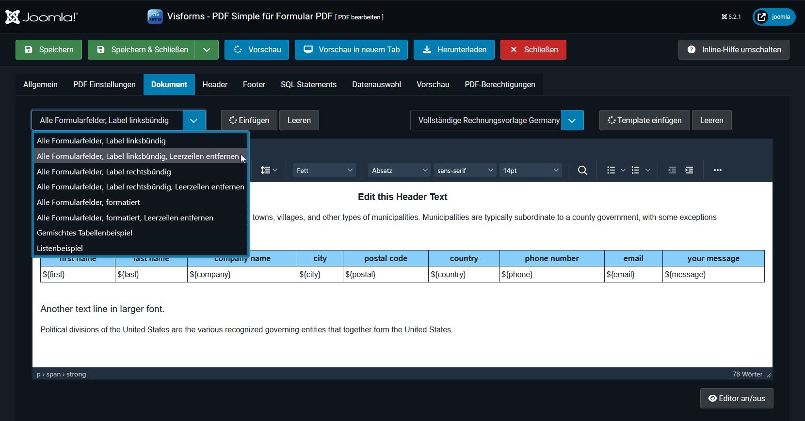 Besondere PDF-Template-Vorlagen