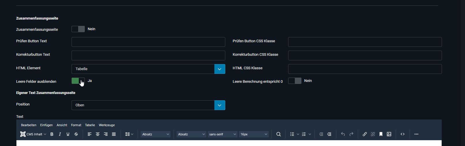 Vermeidung auf der Zusammenfassungs-Seite im Formular