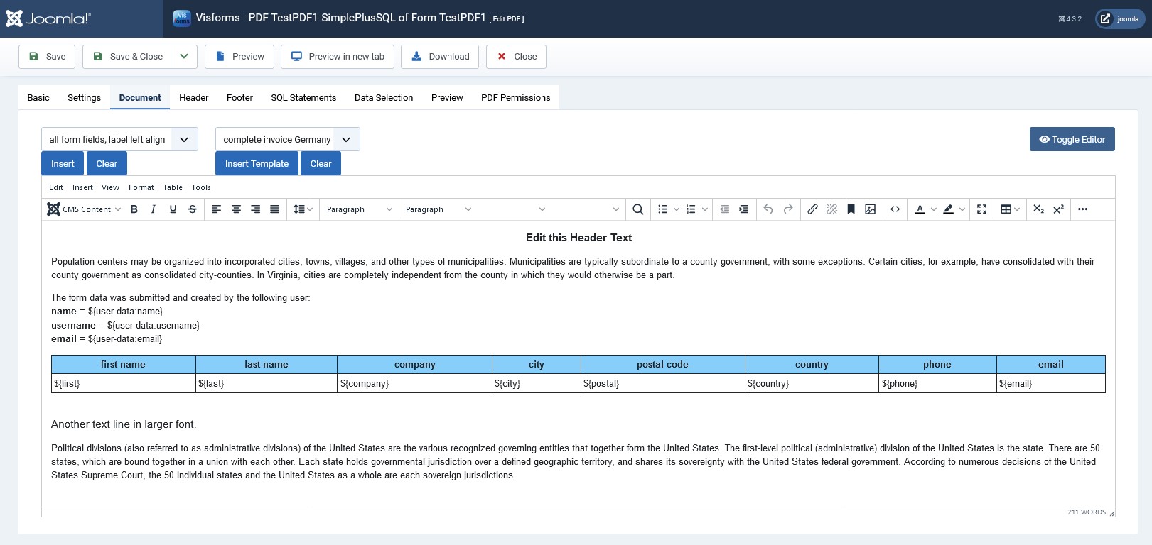 Create secondary SQL statement for the PDF template