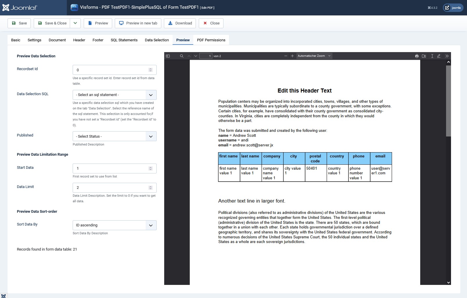 Create secondary SQL statement for the PDF template