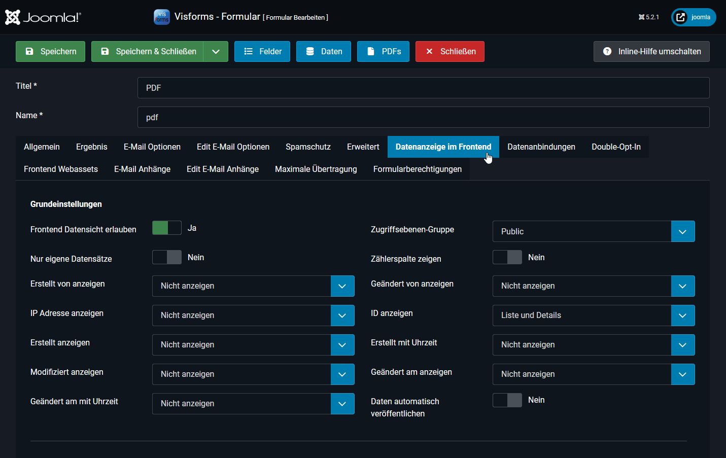 Auf dem Reiter 'Datenanzeige im Frontend' befinden sich die Einstellungen zur Anzeige der Overhead-Felder