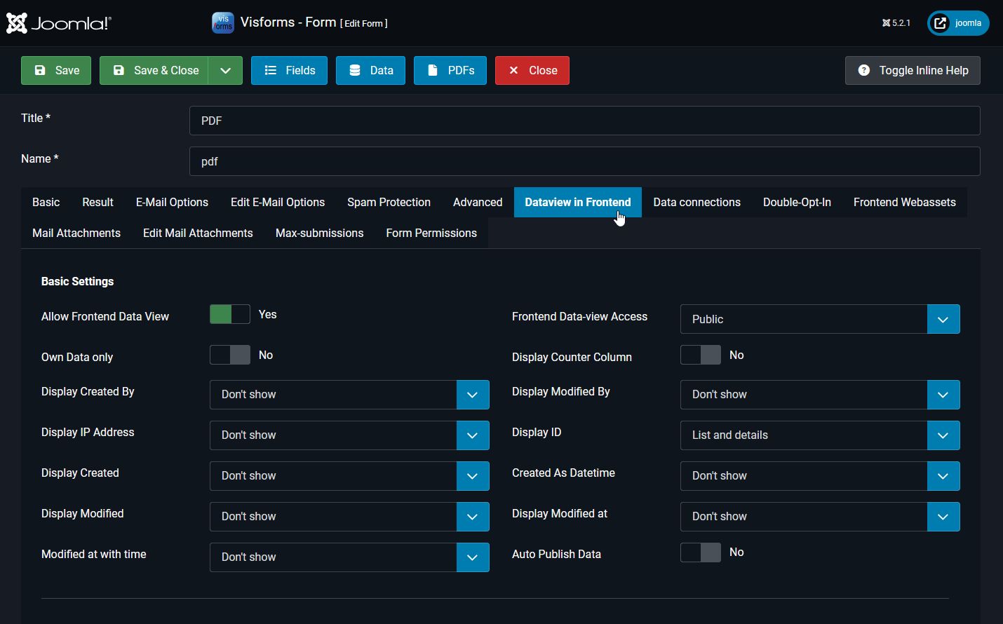The settings for displaying overhead fields can be found on the 'Data display in the frontend' tab.