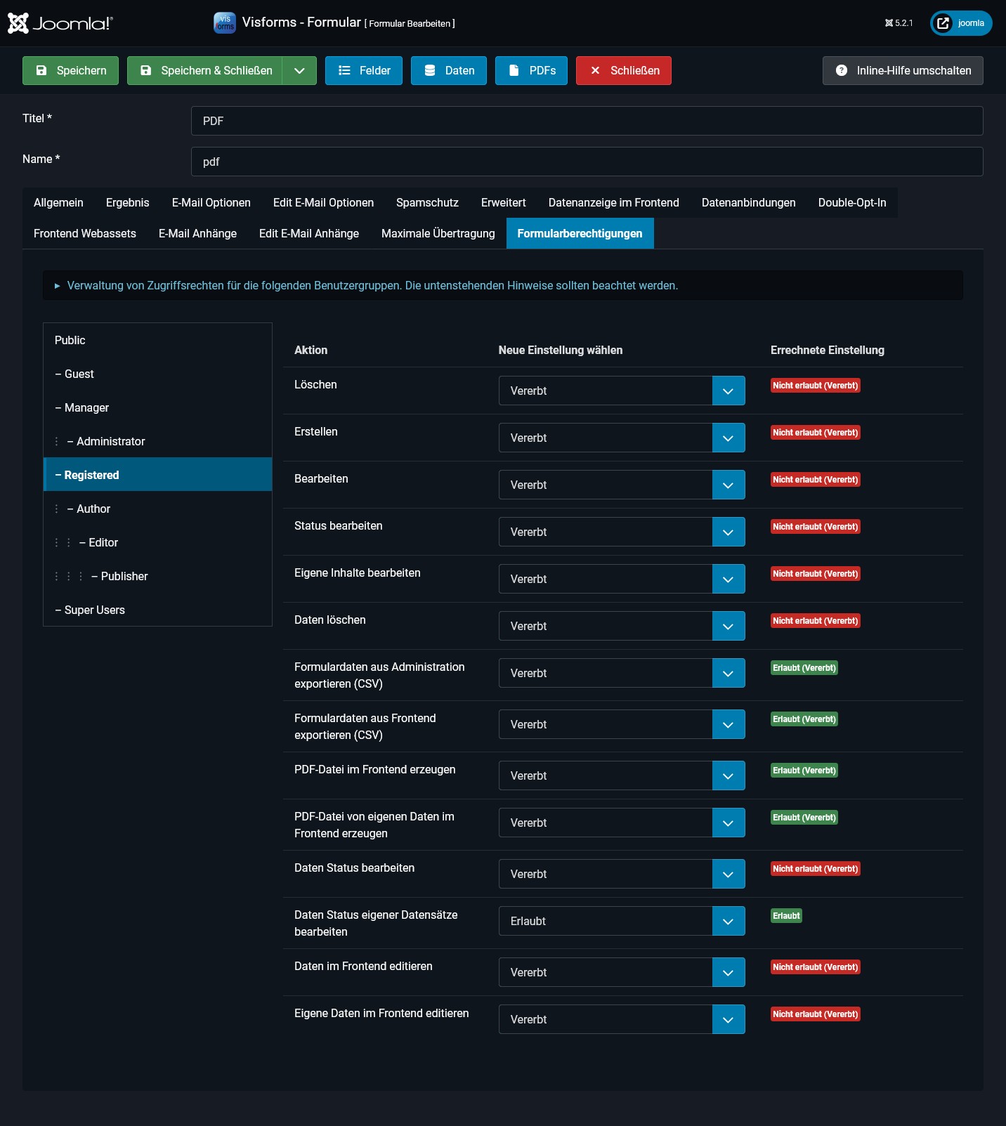 Einstellungen zur Rechtevergabe für das Formular