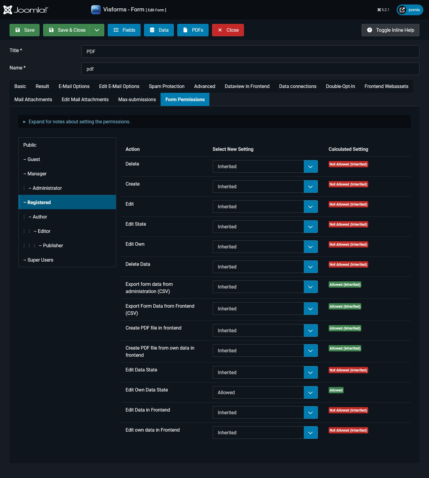 Settings for granting permissions for the form