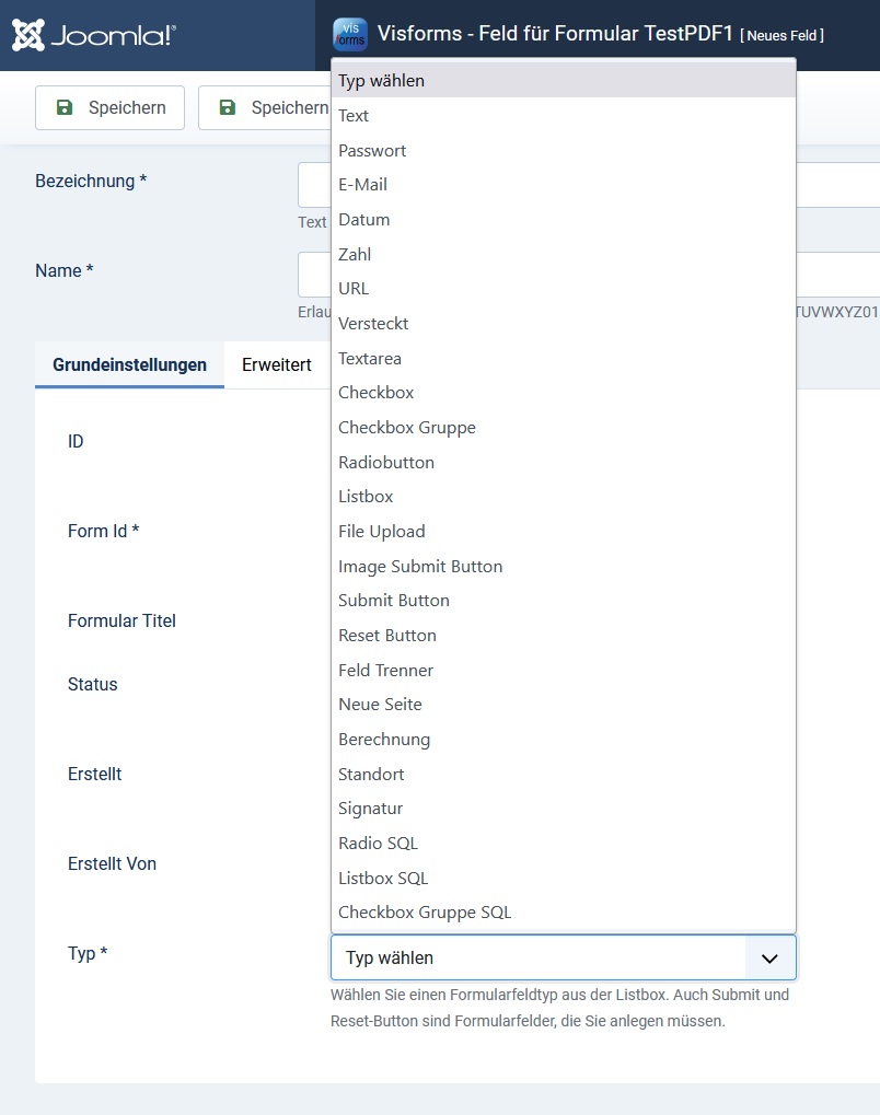 Komplette Liste der Feld-Typen
