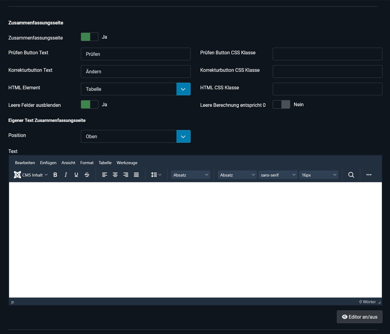 Optionen der Zusammenfassungsseite