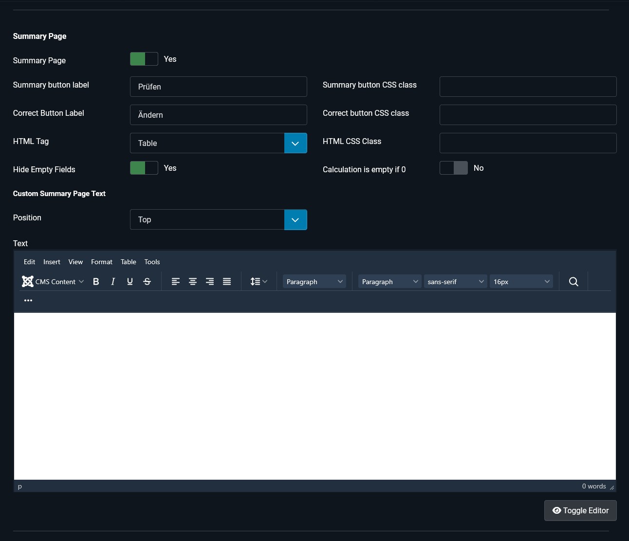 Summary Page Options