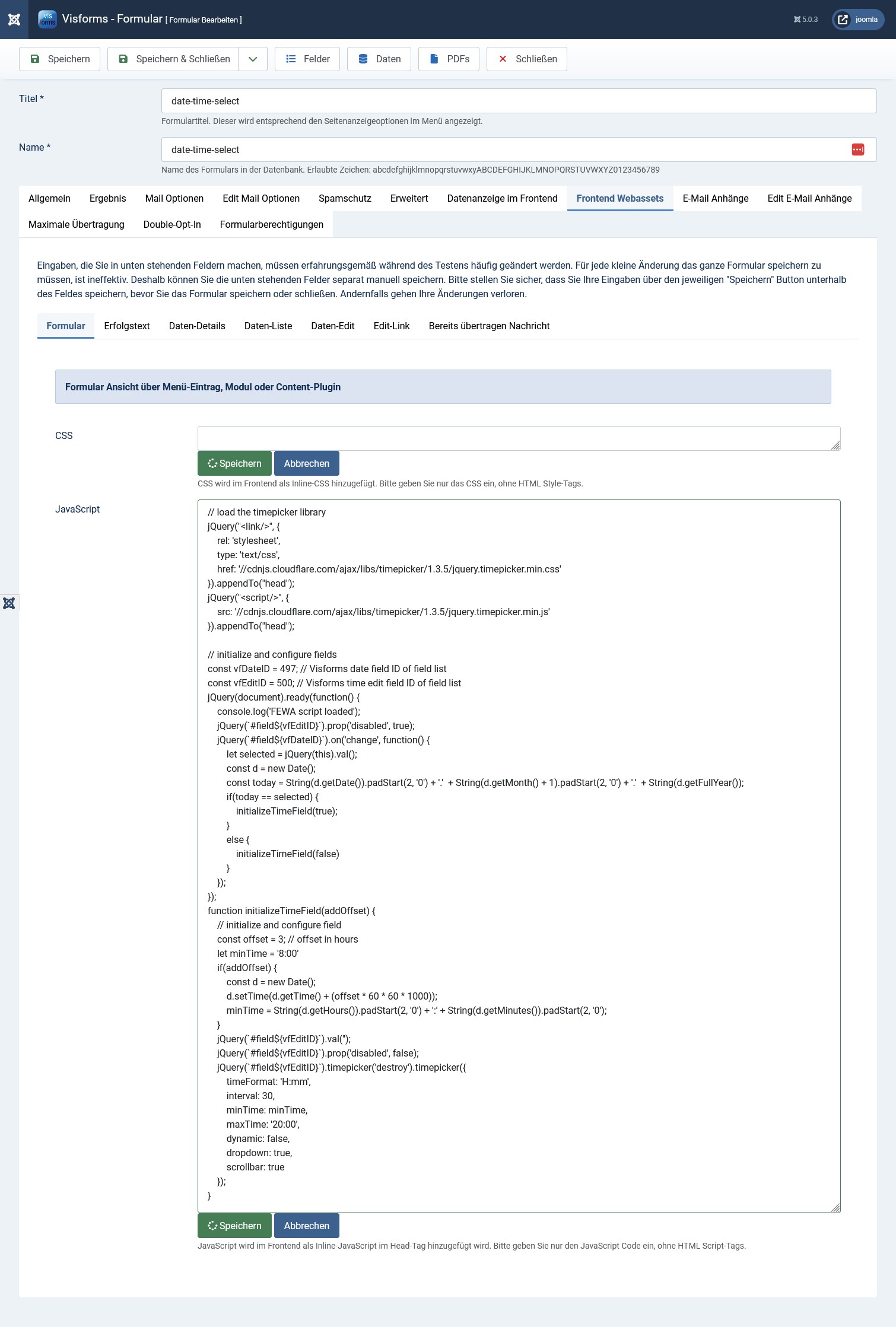 Formular-Konfiguration Reiter 'Frontend Webassets', Reiter 'Formular'