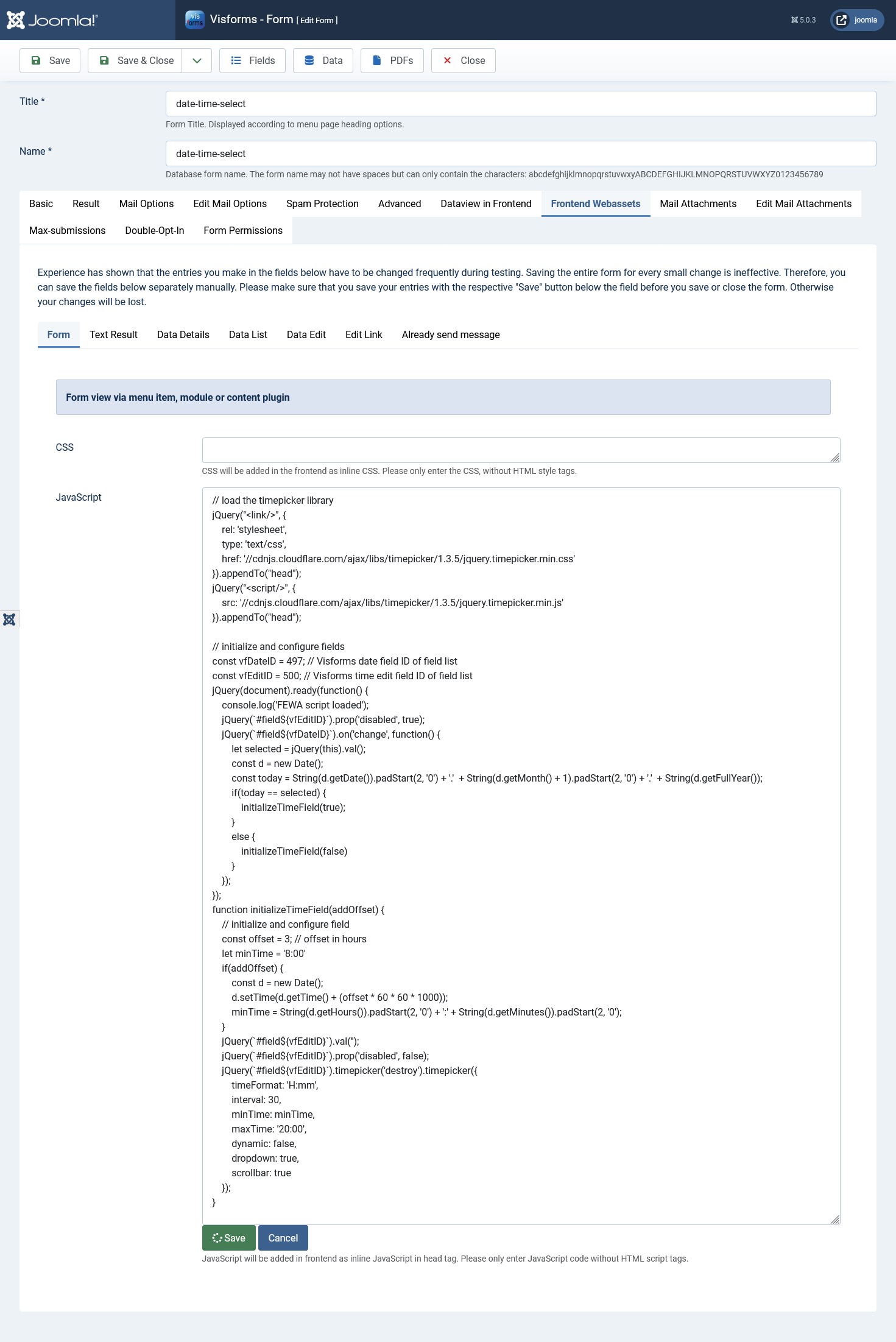Form configuration 'Frontend Webassets' tab, 'Form' tab