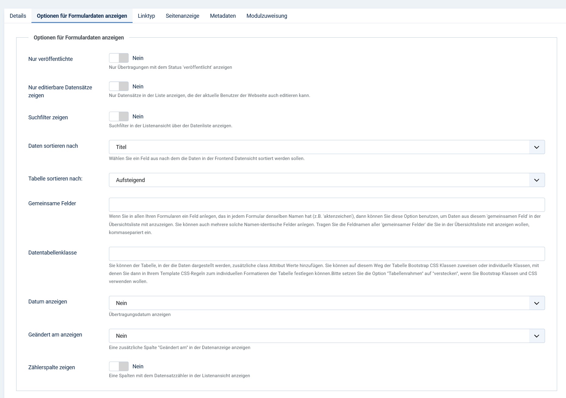 Menüparameter für 'Meine Übertragungen'