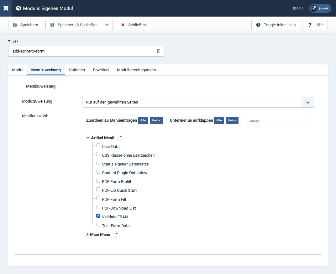 Modulzuordnung: Nur auf den ausgewählten Seiten