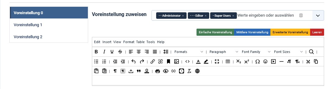 Voreinstellungen für die Benutzer-Gruppe 'Administrator'