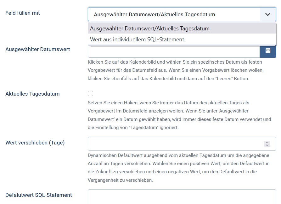 Default value for date field type