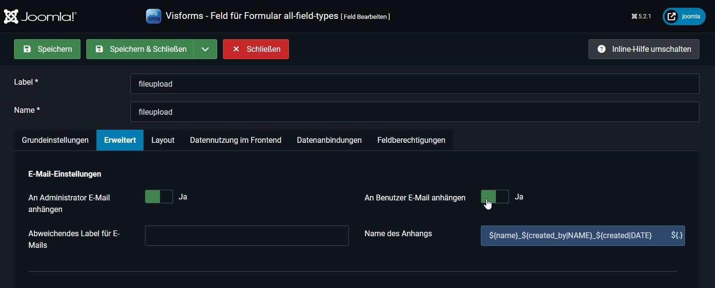 Feld-Konfiguration von E-Mail-Anhängen