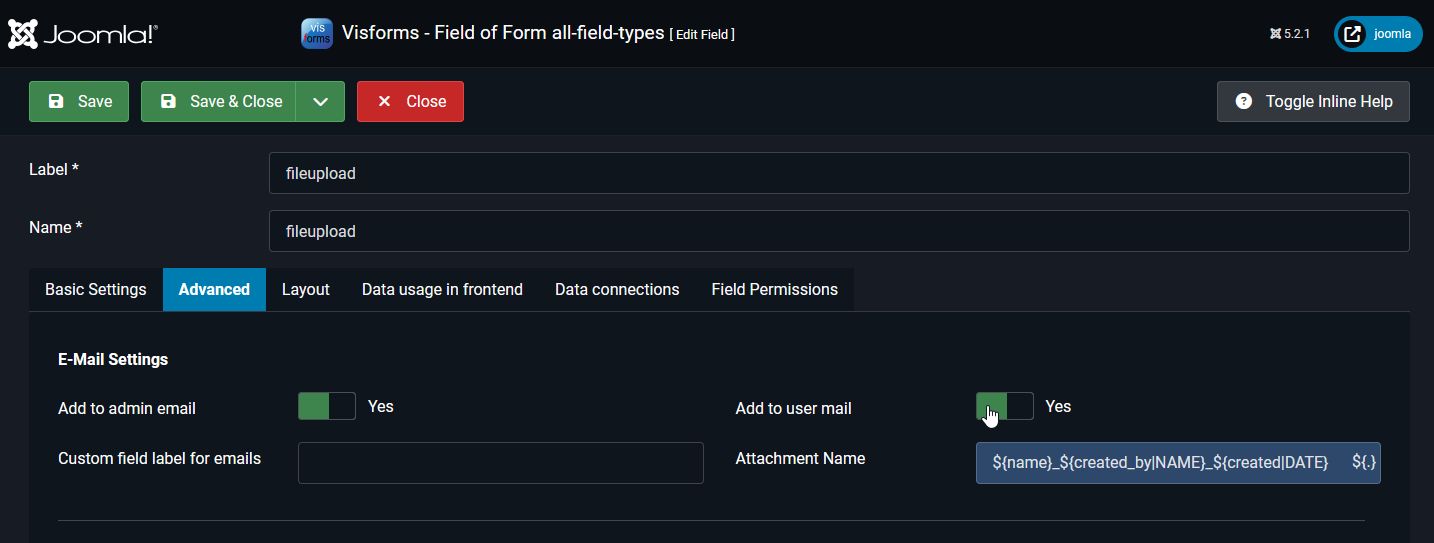 Email attachment field configuration
