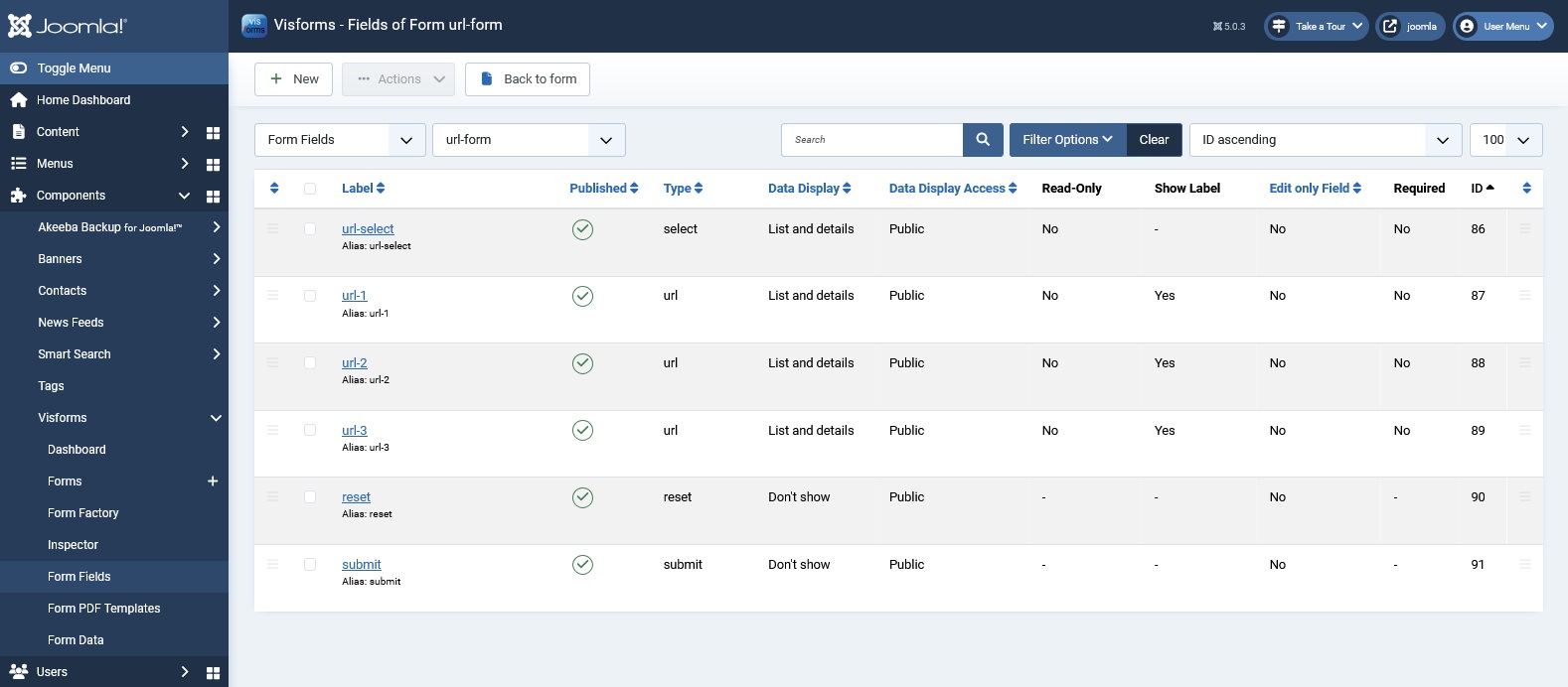 The field list for a form